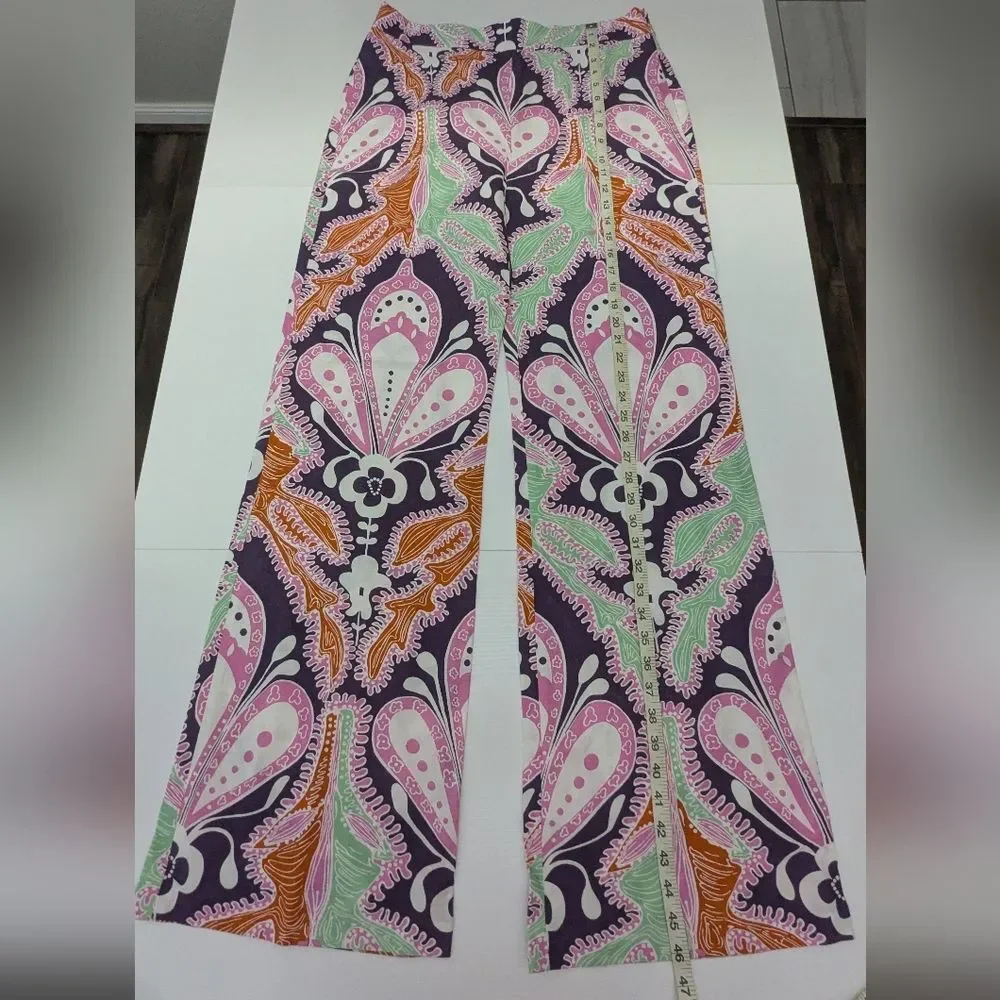 Zara Linen Blend Multicolor Wide Leg Long Pants High Rise 70s Hippie Boho Tall L